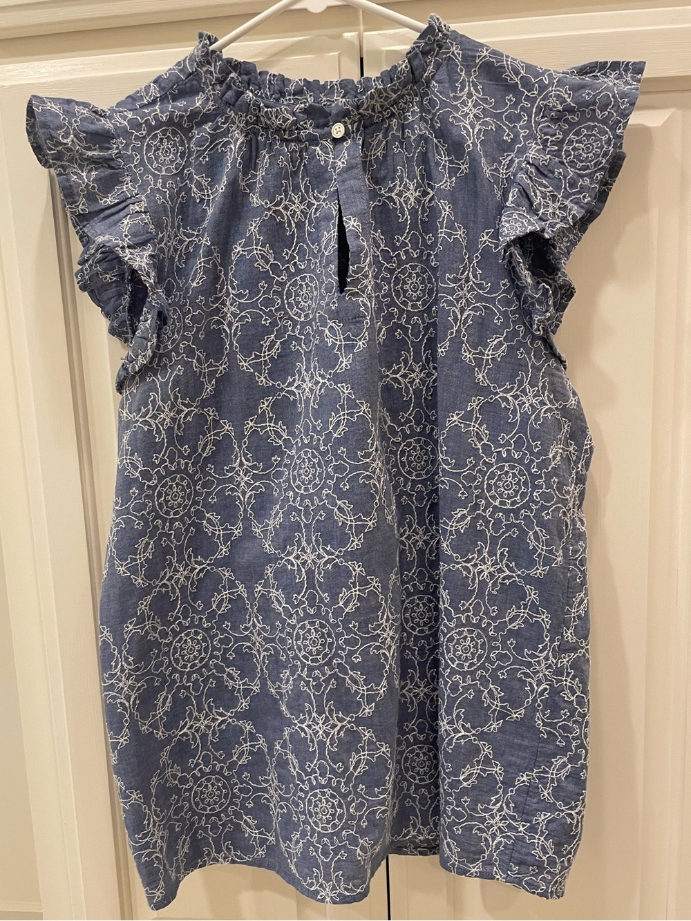 LOFT Blue Top with White Embroidery
